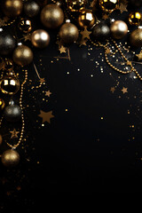 confetti, balloons and gold stars sparkle and shine on a black background. festive, christmas texture. place for text.