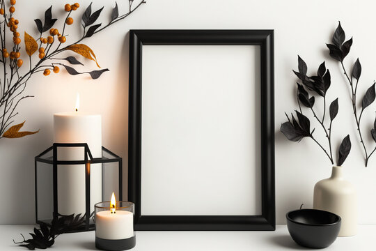 Mock up a white shelf with a black frame decorated with autumnal branches and candles. autumnal idea frame for a portrait against a white wall. Generative AI