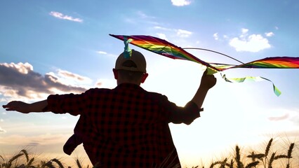 Boy pilot with toy kite. Aviator Child runs with kite in sun. Happy boy runs in field of wheat,...