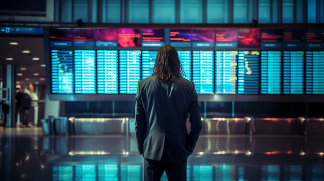 空港にいるスーツを着た長髪の男 | Long-haired man in a suit at the airport, Generative AI