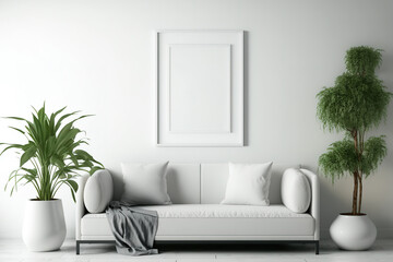 Mockup poster frame in white living room with white sofa and wooden floor plants. Generative AI