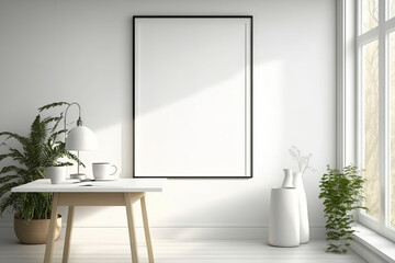Window-side living room with wooden table and blank white poster. Mockup. Generative AI