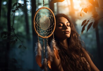 Beautiful young woman with dreamcatcher in the forest. Boho style. background with copy space. - obrazy, fototapety, plakaty