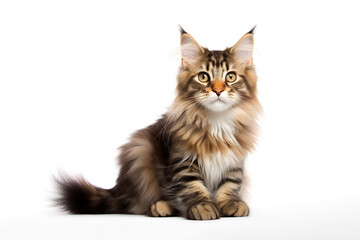 a Maine Coon kitten cat in front of a white background. 