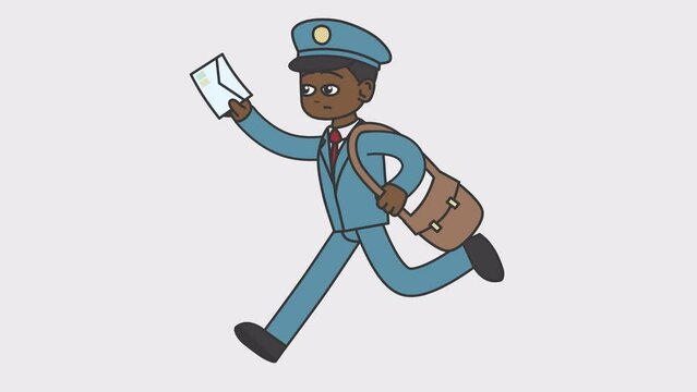 Black male postman runs holding a letter in his hands. Looped 4K video with alpha-channel.