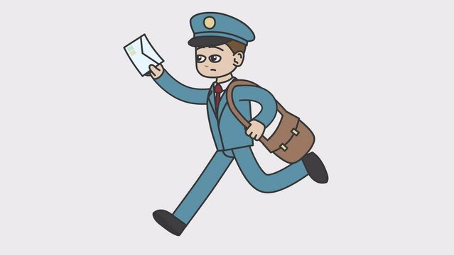 White male postman runs holding a letter in his hands. Looped 4K video with alpha-channel.