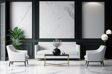 Interior of a marble living room with two armchairs and a white sofa on a black tiled floor. a mockup. Generative AI