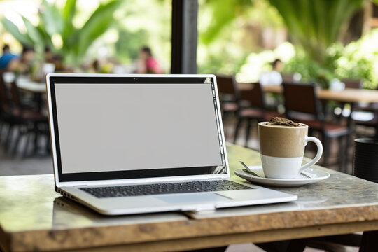 Laptop computer blank screen on wooden table and blurred Coffee shop interior background with bokeh image, for product display montage. Generative AI