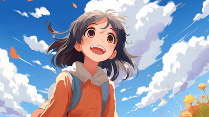 Hand drawn cartoon cute girl anime illustration under the blue sky and white clouds in autumn
