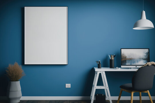 Interior mockup poster. White canvas. Blue wall. Generative AI