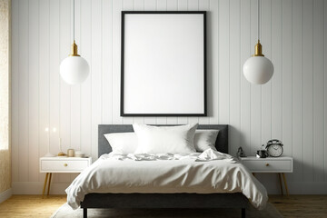 Bedroom mock-up with modern classic style poster frame and white wooden wall. Generative AI