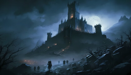 A gloomy castle, covered in mist, Generative AI - obrazy, fototapety, plakaty