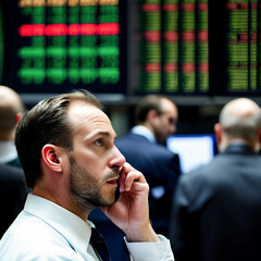 Stockbroker carefully watching price movements on stock market chart digital screens