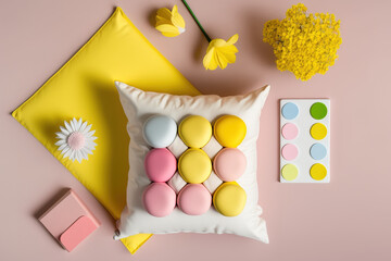 Play class concept with a yellow pantone background and five soft-colored flower-shaped cushions on a pink table, desk, or shelf. Generative AI