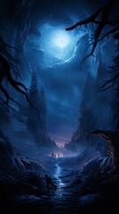 A fantastical blue night landscape with huge moon. Generative AI. 