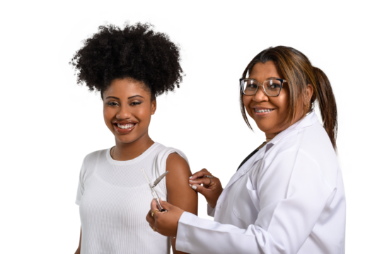 vaccinating a young girl, a health professional vaccinates a young girl, they are smiling, white background