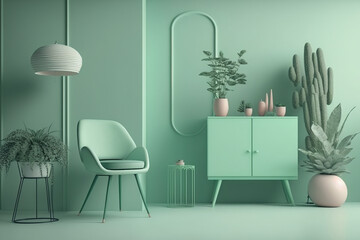 The room's furnishings and accessories are all in a simple, pastel green tone throughout the interior. copy space on a light background. for backdrops, presentations, or websites. Generative AI