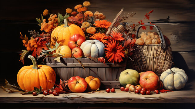 Harvest feast, A heartwarming Thanksgiving greeting card depicting a bountiful table of traditional delights amidst autumn's golden beauty