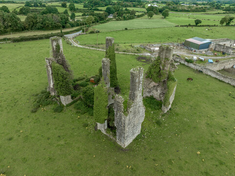 Abandoned ruins of Castlecuffe castle tower house  with large chimneys above the fireplaces, corner walls standing tall on a green meadow in Ireland