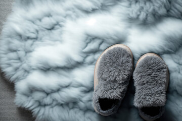 Women's warm slippers are on a gray fur carpet. Gray carpet with soft fur. flatlay, copy space, and top viewpoint. Generative AI