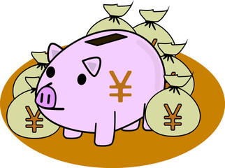 豚の貯金箱とたくさんのお金のイラスト