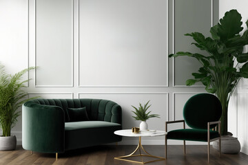A magnificent, minimalist grey home with a green velvet chair, a coffee table with decorative items, and a tropical plant. Copy space, mockup poster. wall. brown flooring. Generative AI
