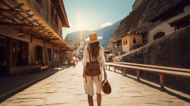 旅行中の女性 ロングヘア 帽子(ハット)をかぶり荷物を持っている　アジアの旧市街 , | A woman traveling with long hair wearing a hat and carrying luggage, Generative AI
