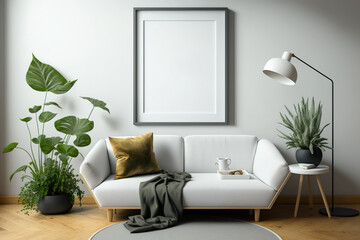 Obraz na płótnie Canvas Living room photo frame mockup. Generative AI