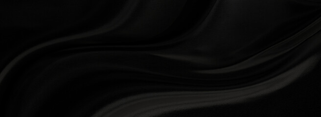 Black gray satin dark fabric texture luxurious shiny that is abstract silk cloth panorama background with patterns soft waves blur beautiful.