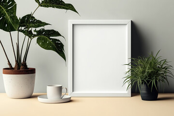 Mockup frame and plants in pot on home tabletop, mockup poster for presentation on desk, indoor, your design for gallery photo and picture, border template and advertising decoration. Generative AI