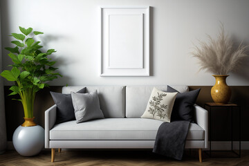 a living room with fake photo frames. Generative AI