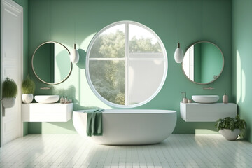 Modern bathroom with green tiles, beige walls, concrete floor, double white sink on marble countertop with oval mirrors above, and cozy white bathtub. Generative AI