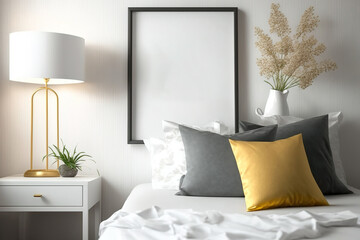 Realistic bedroom photo frame mockup. Generative AI