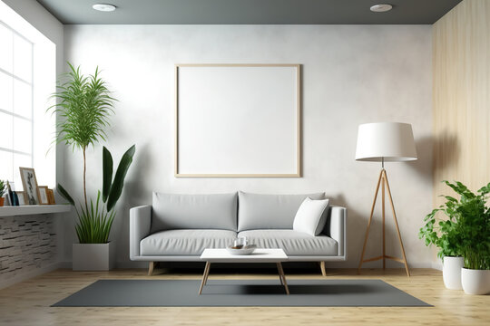 Interior of a contemporary living room studio with a large picture mock-up. Generative AI