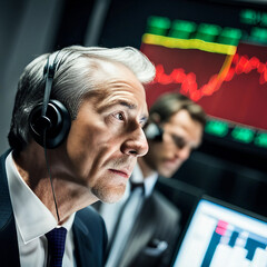 Stockbroker intently watching price movements on stock market chart screens
