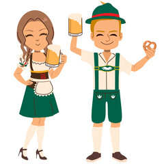 Vector Illustration of Germany Couple Wearing Traditional Costume in Oktoberfest Party. Cartoon character mascot. Man and woman in national folk clothing