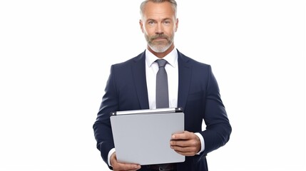 businessman holding a clipboard looking at camera on white background