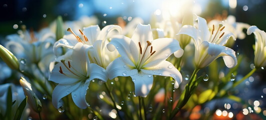 lilies flowers white lilac pink with morning dew water drops in garden on fron blue sky ,nature plant 