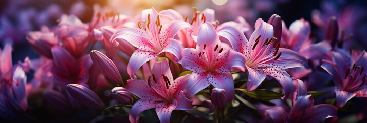 lilies flowers white lilac pink with morning dew water drops in garden on fron blue sky ,nature plant  © Aleksandr