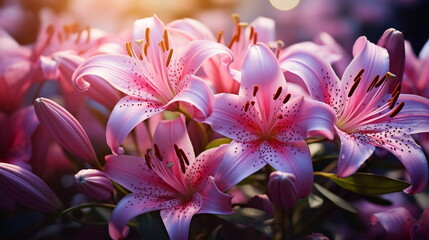 lilies flowers white lilac pink with morning dew water drops in garden on fron blue sky ,nature plant  © Aleksandr