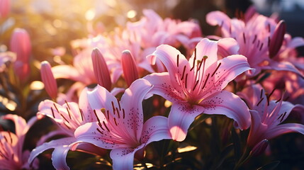 lilies flowers white lilac pink with morning dew water drops in garden on fron blue sky ,nature plant  - 643360848