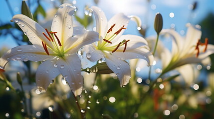 lilies flowers white lilac pink with morning dew water drops in garden on fron blue sky ,nature plant 