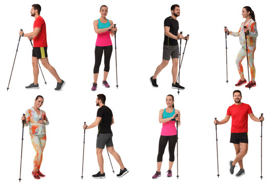 Sporty man and woman with Nordic walking poles on white background, collage with photos