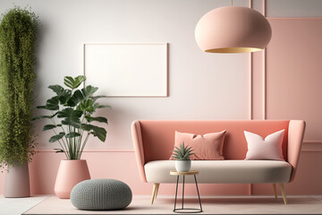 Interior wall mock-up of a living room with a soft coral pink recliner, round pillow, pendant lamp, table, and plant against a beige background. Generative AI
