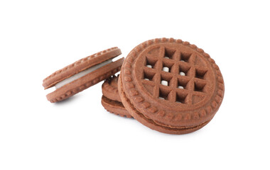 Tasty chocolate sandwich cookies with cream isolated on white