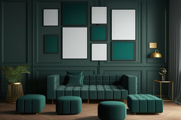 Modern flat dark green room with middle ottoman puff without plants, gallery wall template with 9 frames for poster presentation, poster presentation. Generative AI