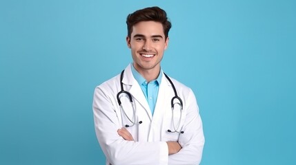 Fototapeta premium portrait of a smiling doctor on blue background