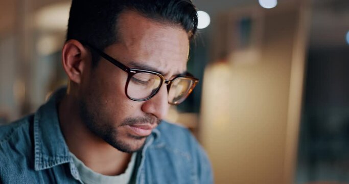 Night, employee and man with glasses, tired and eye strain with burnout, fatigue and overworked. Person, dark and entrepreneur with a headache, eyewear and workaholic with reflection or exhausted