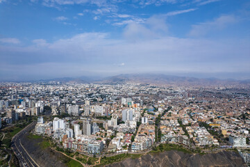 Aerial view of Miraflores and its boardwalk in Lima.