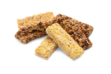 Different tasty granola bars isolated on white